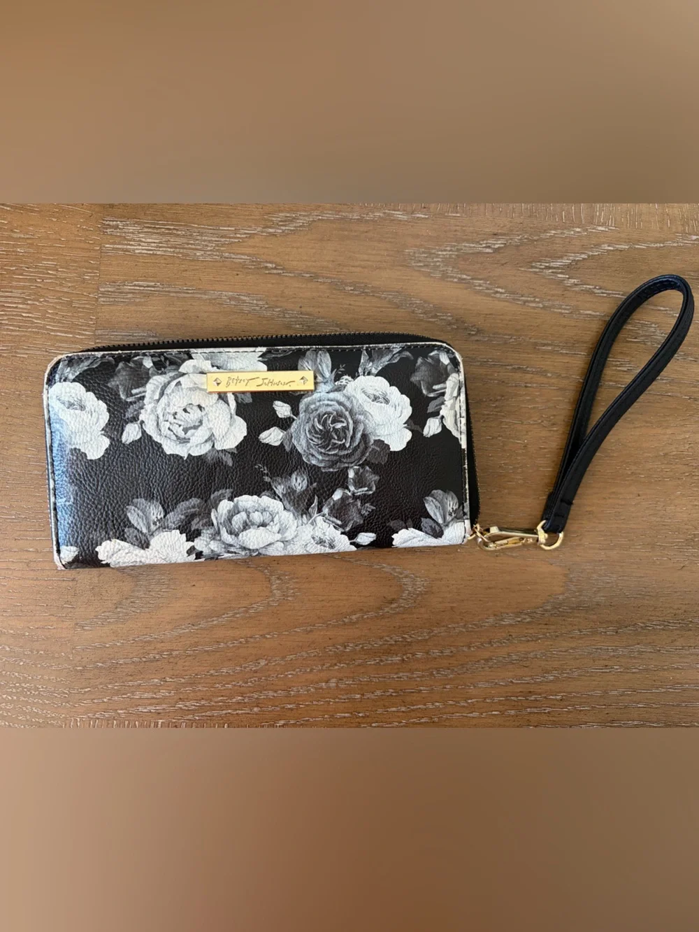 Betsey Johnson Black Wallet Wristlet with White Floral Print